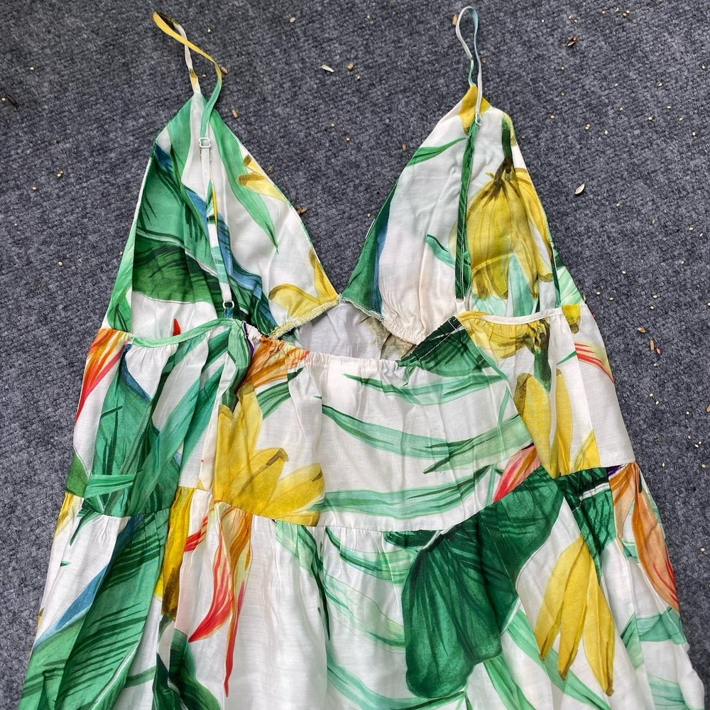 Tropical Tiered Maxi Sundress Size M Green Yellow Floral Resort Vacation Coastal - Picture 5 of 5